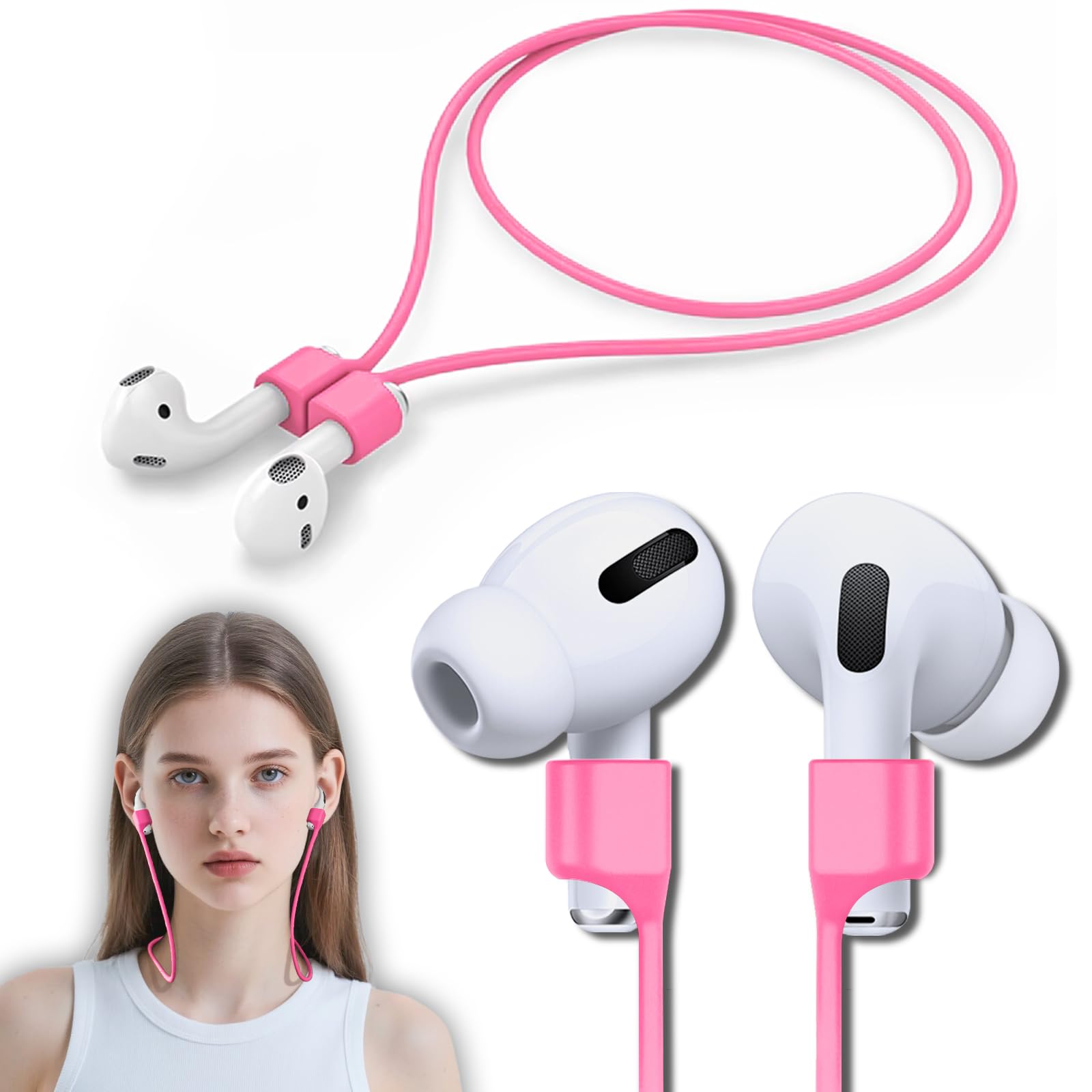 Photo 1 of 1 Pack Ultra Strong Magnetic Anti-Lost Straps for AirPods, Soft Silicone Sports Lanyard Neck Rope Cord - Rose Red