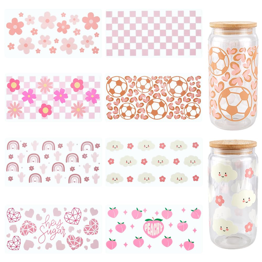 SOFPLATE 8Pcs 8 Styles Pink Cup Wrap UV DTF Cups Wraps Bulk Transparent Plastic Flower Peach Cloud Heart Rainbow Football Waterproof Decals Stickers for Glass Tumblers Wood Decoration DIY Crafts
