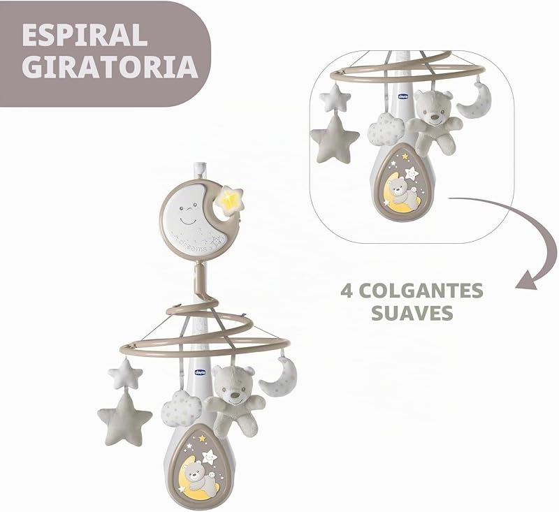 Chicco next2dreams carousel baby mobile - 3 em 1 compatível com berço next2me ou mini berços para dormir juntos / viagens, efeitos sonoros, projetor de luz noturna e música clássica, 0m +, cinza