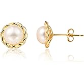 MAPLEDAIRY Genuine Pearl Gold Earring Studs, Small Size, 18k Gold plated Sterling Silver, Lustrous Real Freshwater Pearls