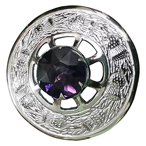 Scottish Fly Plaid Kilt Brooch Thistle Design with Stone High Quality Chrome Finish (Purple Stone)