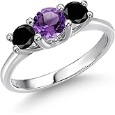 Gem Stone King 14K White Gold Purple Amethyst & Black Diamond 3-Stone Engagement Ring | 1.02 Cttw | Round 5MM and 4MM | 3 Stone Wedding Anniversary Promise Ring For Women