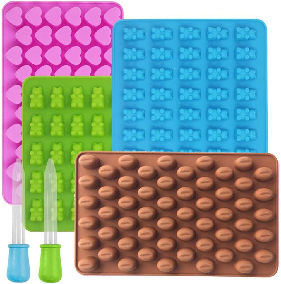 4 Pcs Silicone Candy Moulds Sets - Bear, Heart, Bean Shapes Gummy Mold Non Stick Food Grade Trays with 2 Dropper for Chocolate, Jelly, Ice Cube
