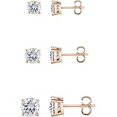 Savlano 3 Pair 14K Gold Plated Cubic Zirconia Round Cut Stud Earrings Comes In 4mm, 6mm & 8mm For Women & Men
