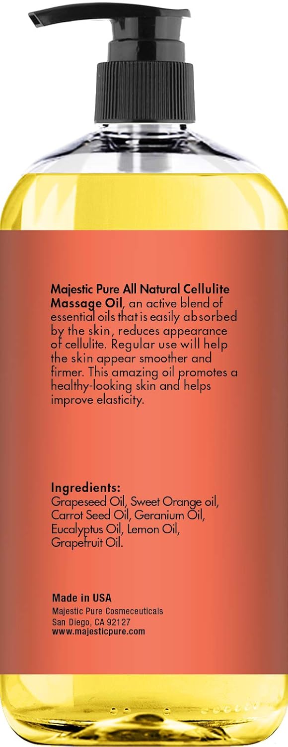 Majestic Pure Natural Cellulite Massage Oil, Unique Blend of Massage Essential Oils - Improves Skin Firmness, More Effective Than Cellulite Cream, 8 fl oz: Health & Personal Care