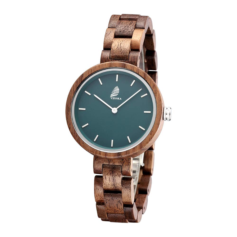 CZOKA Women's Wooden Watches, 100% Handmade Natural Black Walnut/Olive/Ebony Japanese Quartz Movement Women's Watches Adjustable Natural Wood Bracelet Women's Watches with Box, Walnut Black-a, Strap,