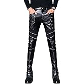 Idopy Men`s Black Party Stage Performance Slim Fit Biker Faux Leather Pants