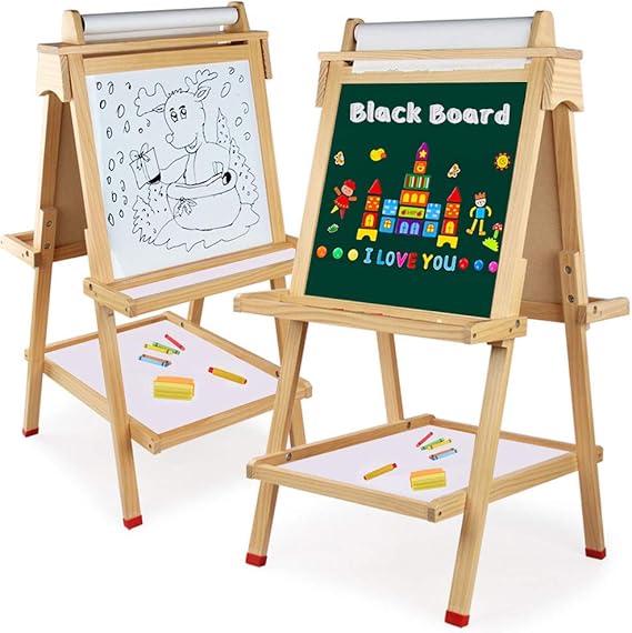 AIYAPLAY Tableau Chevalet Pour Enfants - Tableau Noir Double Face - Rouleau De Papier + 2 Paniers De Rangement Intégrés - Bois De Pin Naturel Massif