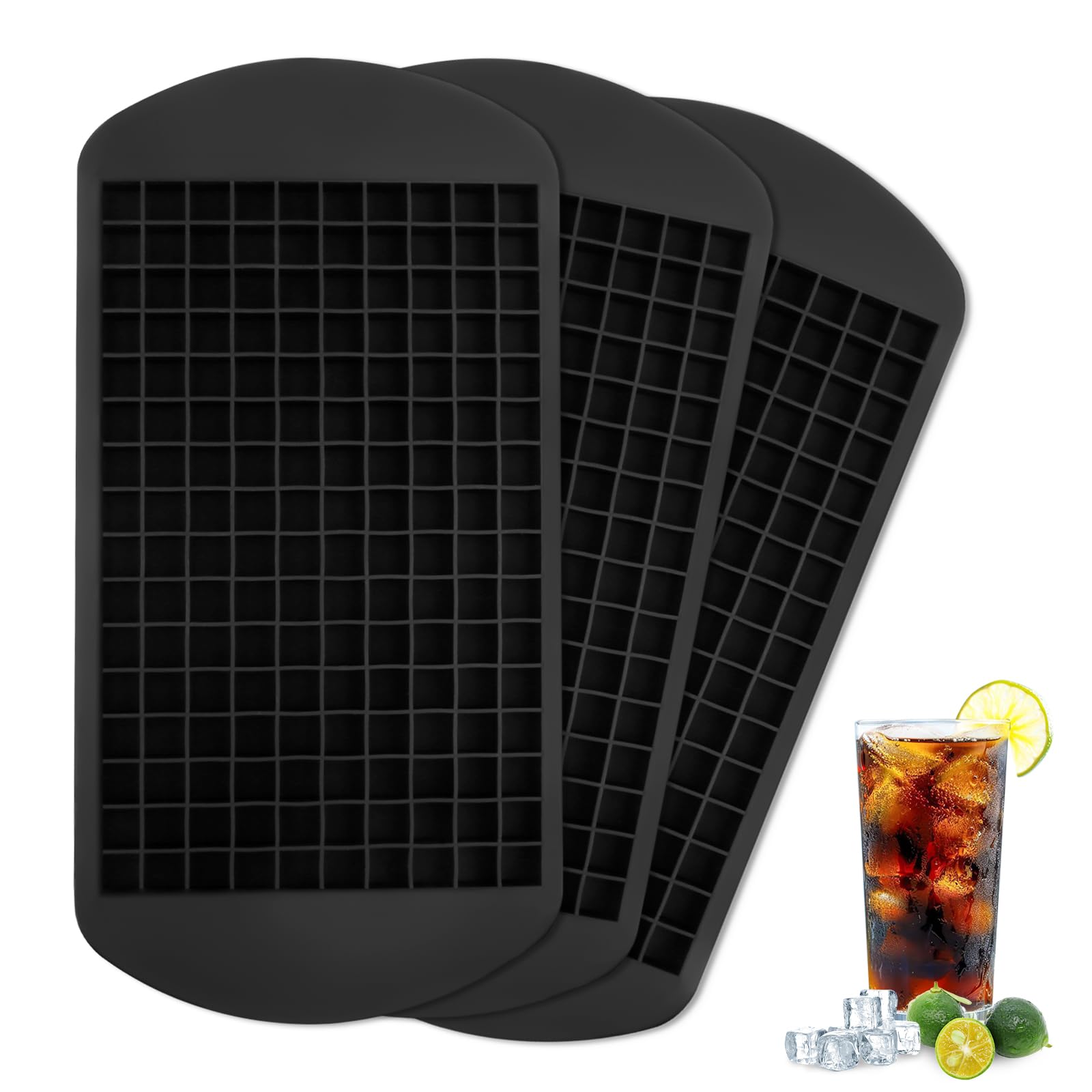 Pack of 3 Mini Ice Cube Maker Trays, 160 Small 1 cm Grid Ice Cube Tray, Silicone, Reusable 24 x 12 cm Ice Cube Tray for Kitchen, Bar, Milk Tea Shop (Black)