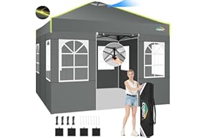 COBIZI 10x10 Pop Up Canopy Tent, One Push Setup Glow Outdoor Tent with 4 Sidewalls, 3 Adjustable Height, Air Vent,Waterproof UPF50+, Bag, Sandbag, Stake, Rope for Wedding, Commercial, Party, Grey