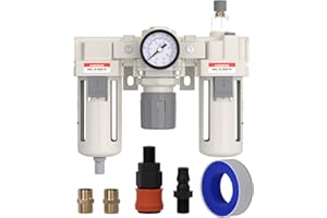 AIRZOE 1/2” NPT Air Compressor Filter, Regulator and Lubricator Combos FRL - Water Oil Trap Separator AC4000-04, 5 Micron Brass Element, Semi-Auto Drain, 0-150 psi Gauge