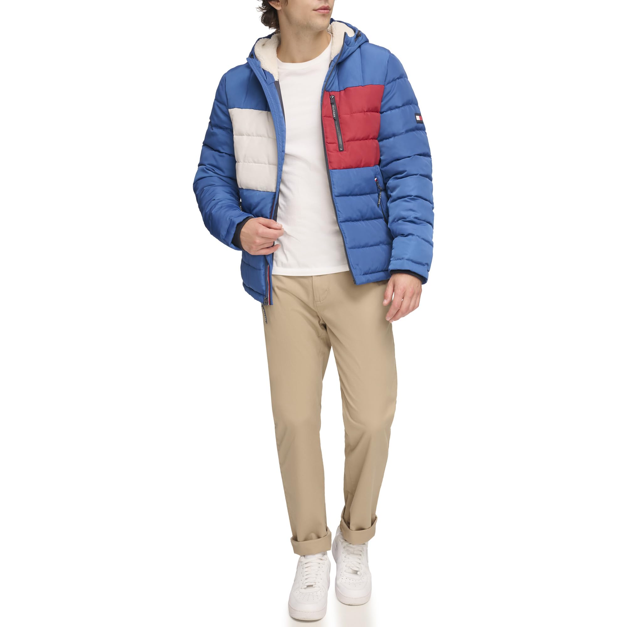 Tommy Hilfiger Men's Midweight Sherpa Lined Hooded Water Resistant Puffer Jacket, Royal Blue Flag Print, Large Image