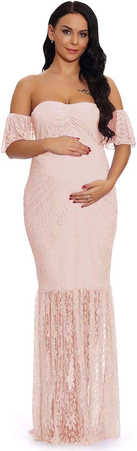ZIUMUDY Women's Off Shoulder Ruffle Sleeve Lace Mermaid Maternity Baby Shower Gown Maxi Photography Dress at  Women’s Clothing store
