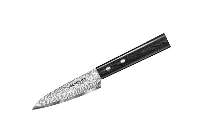 Samura Damascus Gemüsemesser, 67 Lagen Damaststahl, ultra-scharf, klein, 10 cm Klinge, Handgriff oval, rostfrei, Schälmesser,