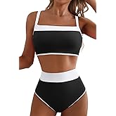 Herseas Women's Two Tone Patchwork Bikini Sets U Neck Swimsuit High Waisted Bathing Suit