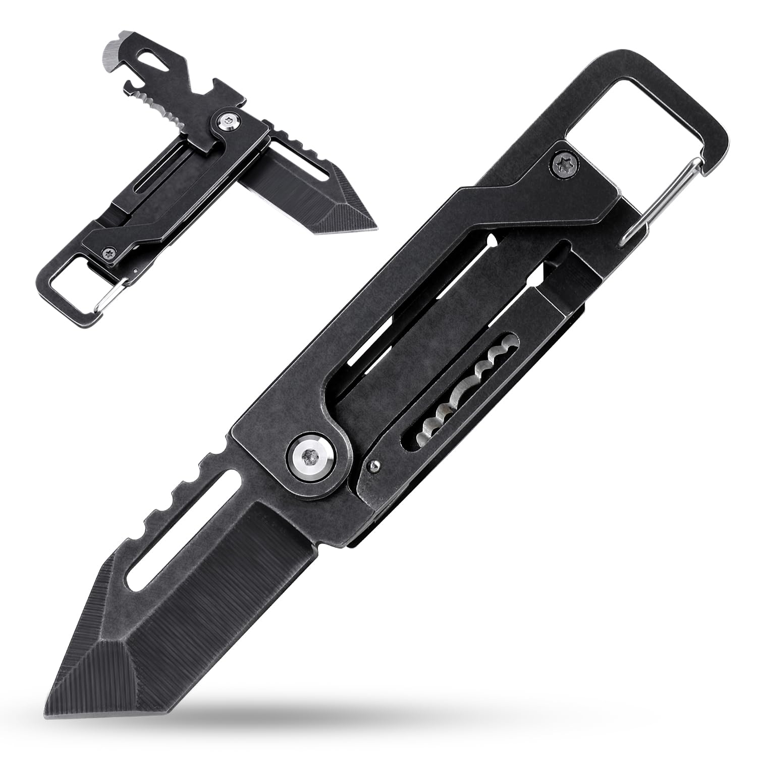 Photo 1 of edcfans Keychain Knife, Carabiner Multitool, Tanto Pocket Knife with Key Clip, Box Cutter, Can/Bottle Opener, Screwdriver Wrench, Pry Tools, EDC Hiking Camping Gear, Gifts for Men Women Everyday Carry