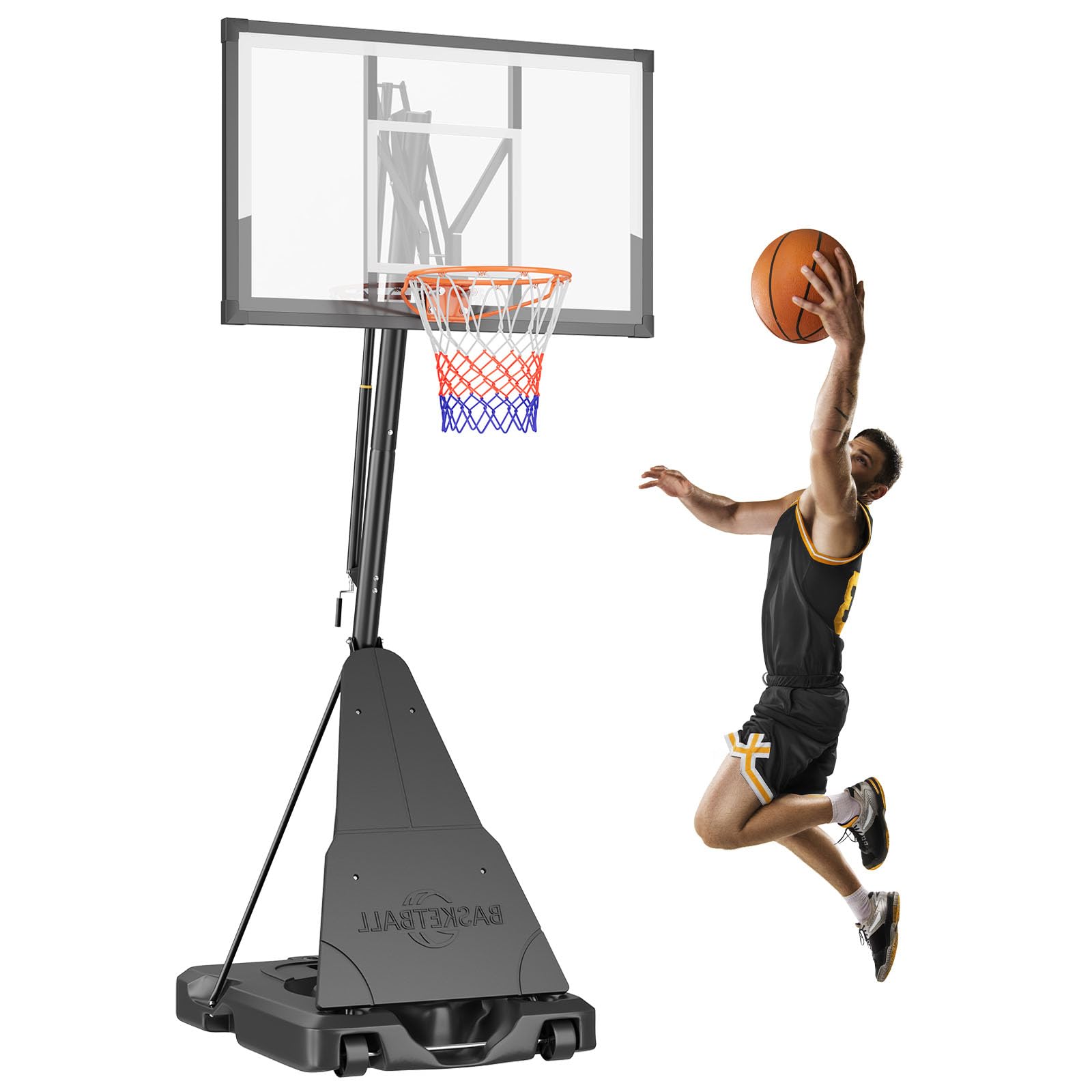 LotFun Outdoor Basketball Hoop, 44-Inch Polycarbonate Backboard, 5.3-10FT Adjustable Height, Portable with Wheels (Crank Handle)