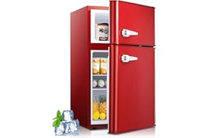 Kismile Mini fridge with freezer,3.2 Cu.Ft Compact Mini Refrigerator with Double 2 door,Adjustable Temperature,Full Size for Home,Kitchen,Dorm,Apartment,Retro Red