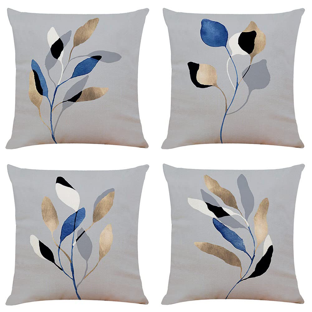 BCKAKQA Leaf Cushion Covers 45cm x 45cm Set of 4 Grey Decorative Throw Pillow Covers 18x18 inches Soft Polyester Square Cushion Cases for Living Room Sofa Couch Bed Pillowcases
