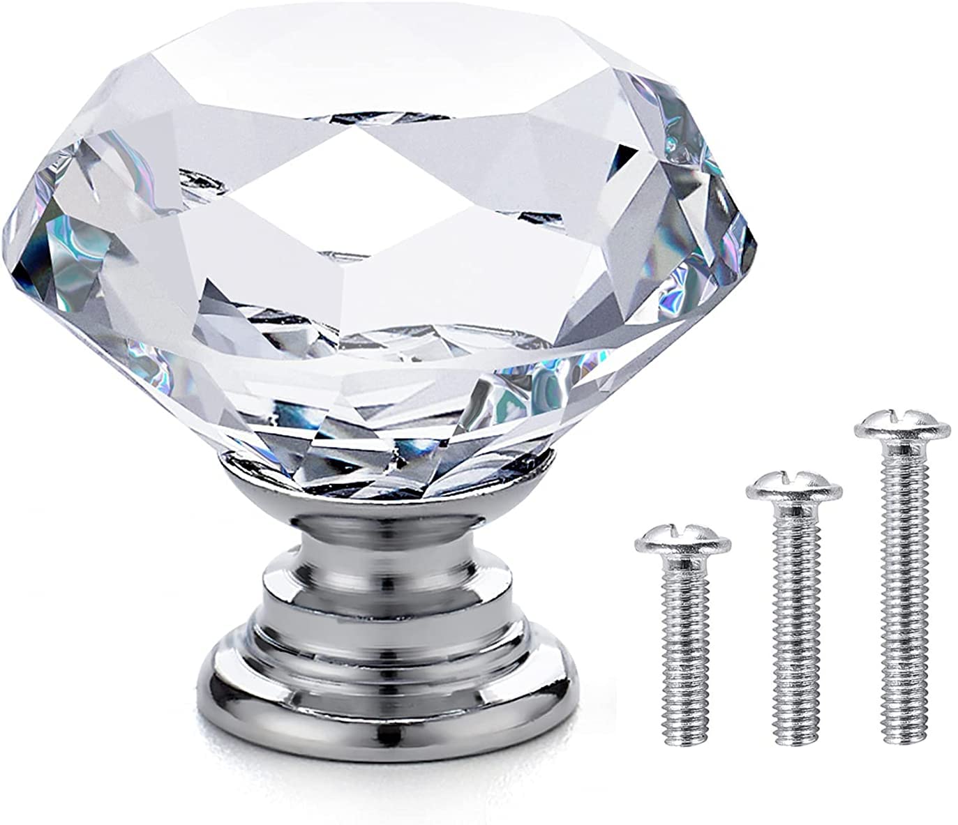 Vandicka 20 Pack 30mm Crystal Glass Cabinet Door Knobs Cupboard Wardrobe Dresser Drawer Pull Handles (Clear Diamond + Chrome Base) with Screws in 3 Sizes
