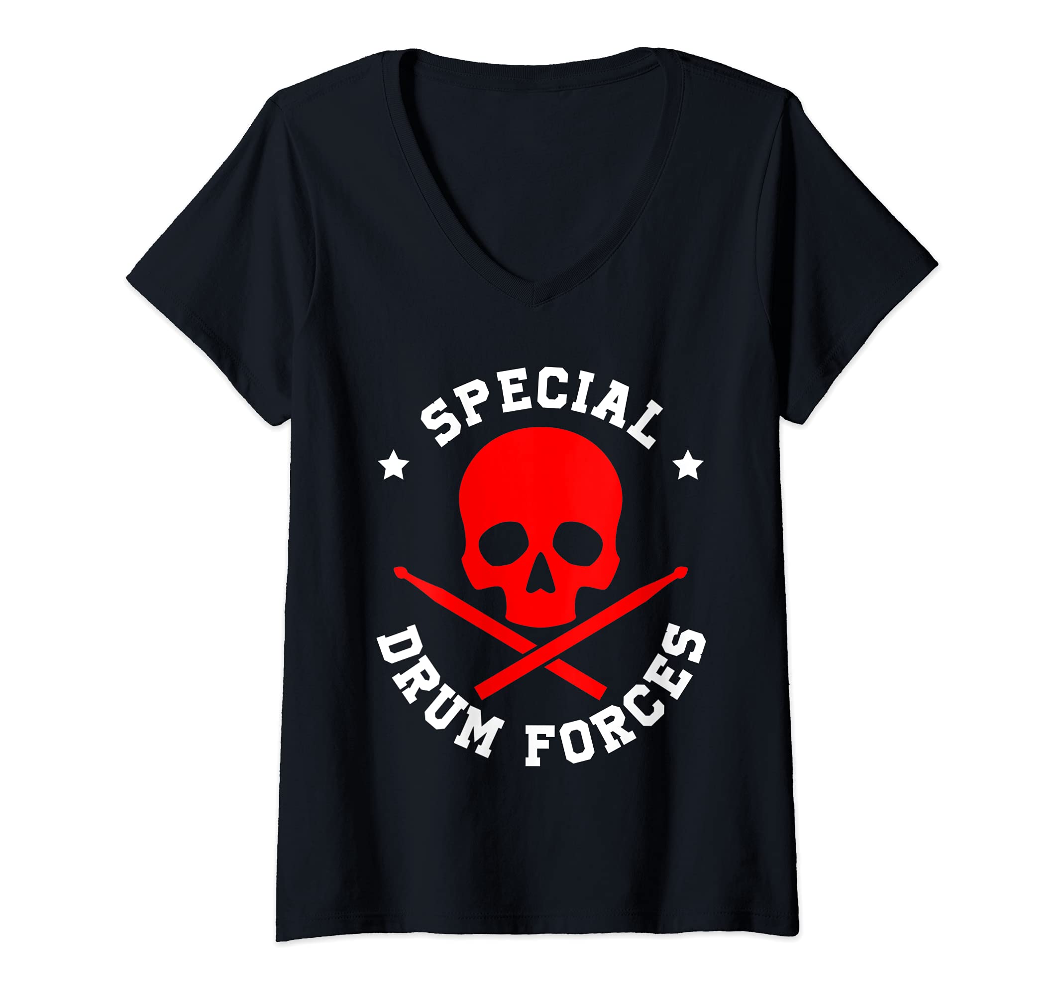 Womens Special Drum Forces Musical Band Drums Drumming Drumsticks V-Neck T-Shirt