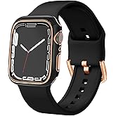 Sport Band and Bumper Case Compatible with Apple Watch 40mm 38mm 41mm 42mm 44mm 45mm 46mm Women, Soft Silicone Straps and Rose Gold Edge Protector Frame for iWatch Series 11 10 9 8 7 6 5 4 3 2 1 SE