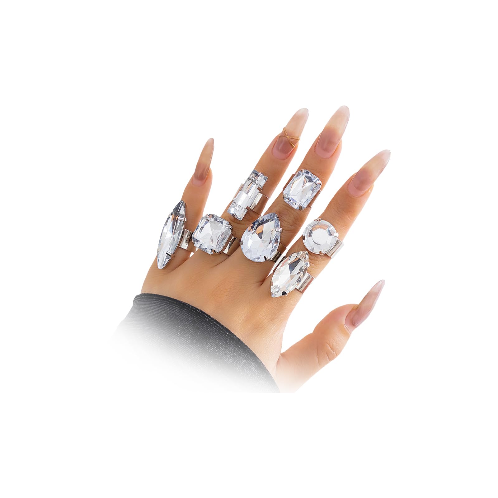 Photo 1 of Uarein Chunky 7Pcs Silver Crystal Knuckle Ring Set Geometric Rhinestone Waterdrop Open Rings Stackable CZ Circle Square Finger Rings Jewelry Set for Women (7Pcs Crystal)