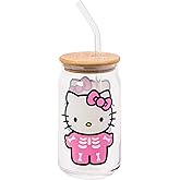 Silver Buffalo Sanrio Hello Kitty Halloween Spooky Skeleton Glass Jar Tumbler with Bamboo Lid and Glass Straw, 16 Ounces
