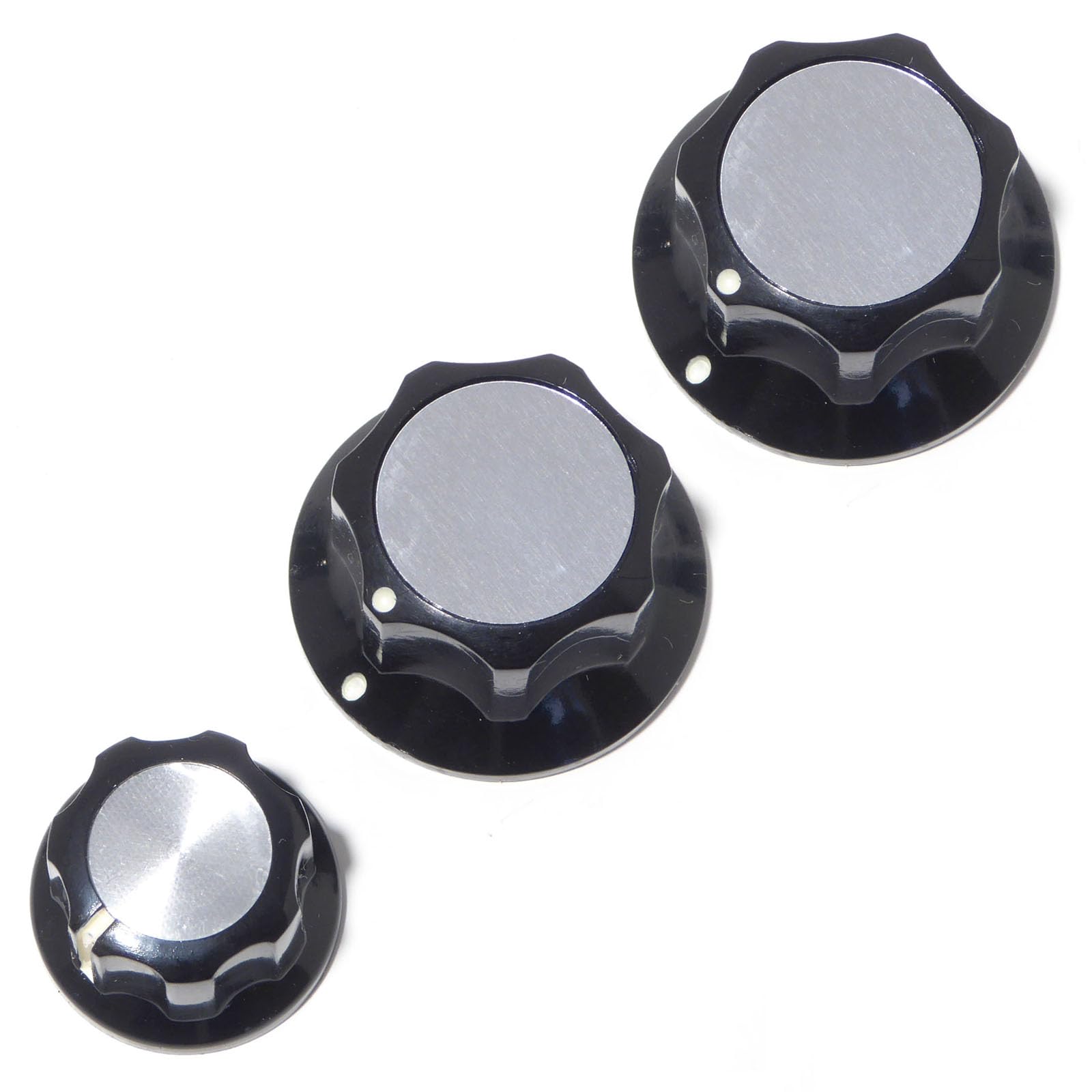 Set of 3 Jazz Bass Guitar Knobs - 2 Large, 1 Small - Black with Silver Insert
