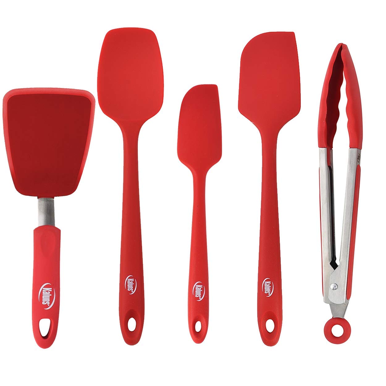 Kaluns 5-Piece set Includes 3 Silicone Spatulas 1 Turner and 1 9" Tong Kitchen Tools Best for Cooking,Baking and Mixing, Strong Stainless steel core design Non-stick and 600F Heat resistanT