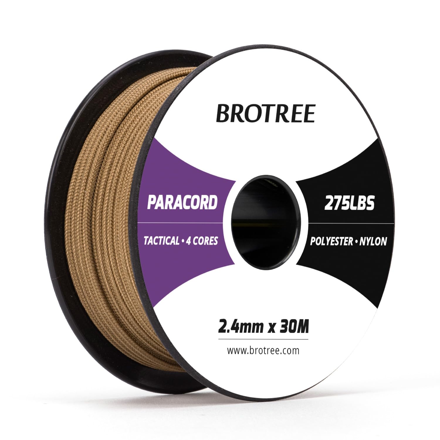 Brotree 275 Paracord 2.4mm Tactical Cord 30M Nylon Rope 4 Strands Parachute Cord for Outdoor, Craft, DIY - 125kg Breaking Load (Coyote Brown)