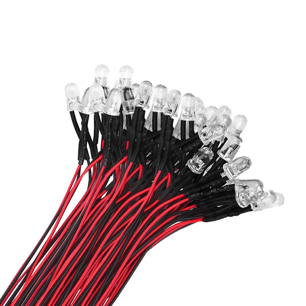 YIXISI 50 PCS 5mm LED Diodes Light, Ultra Bright 12V 20cm Pre Wired, Red