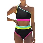 popvil Women's One Shoulder Swimsuit : Neon 2 Piece High Waisted Bikini Sets Cute 2026 Color Block Bathing Suit