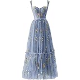 Maxianever Flower Embroidery Prom Dresses for Women Tulle Tea Length Corset A Line Formal Evening Party Gowns