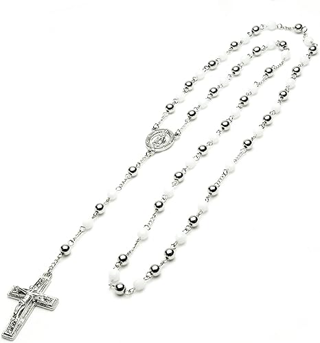 Amazon Metaltree98 ユニセックス ファッション ロザリオ シルバーホワイトビーズ グアダルーペとイエスキスの十字架 28インチ ロザリオネックレス Hr 600 Sswh ネックレス 通販