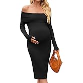 Yousify Womens Maternity Sweater Dresses Off Shoulder Long Sleeve Knit Bodycon Midi Dresses for Baby Shower Photoshoot