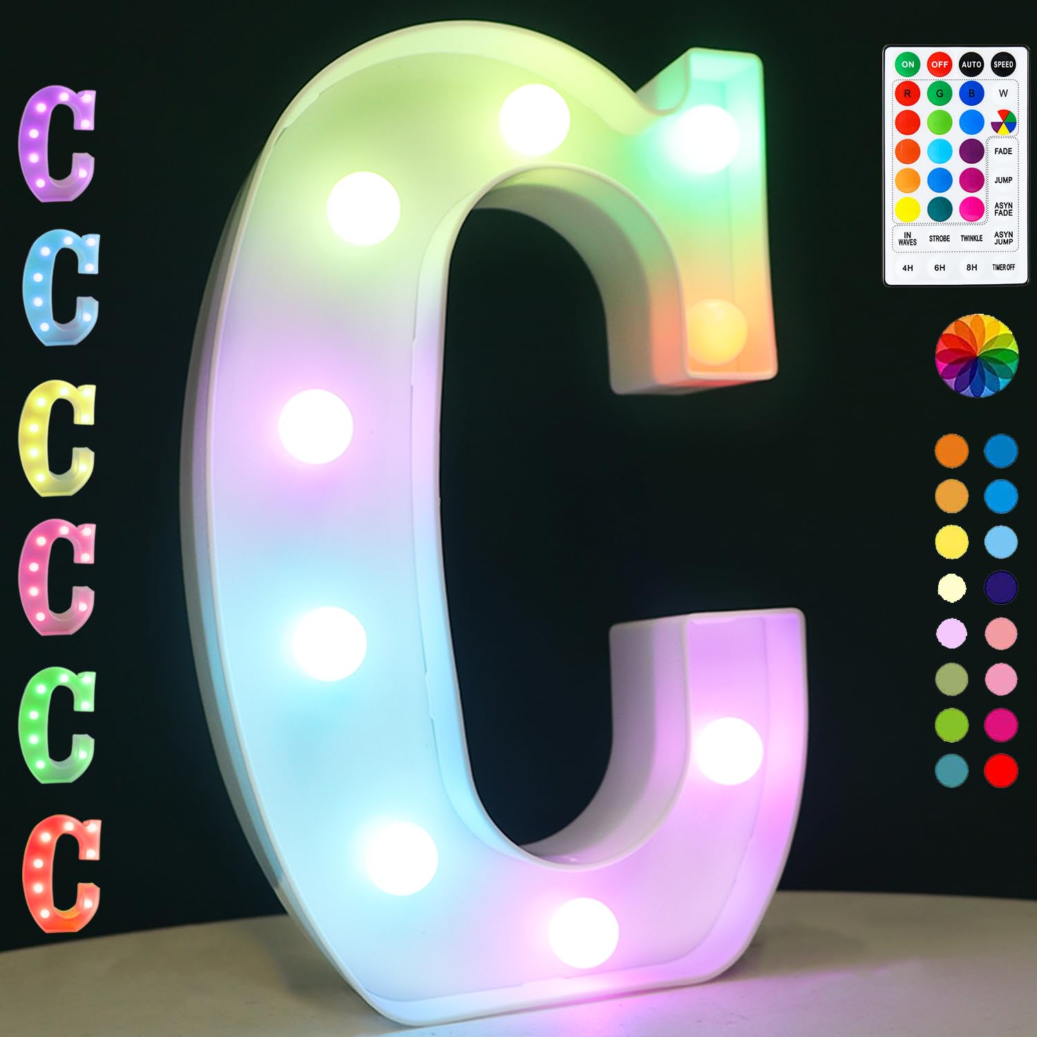Light Up Colorful LED Marquee Letter Lights, 18 Colors Changing Alphabet Letters Sign with Remote Timer for Night Light Wedding Birthday Party Lamp Christmas Home Bar Decor- Colorful C