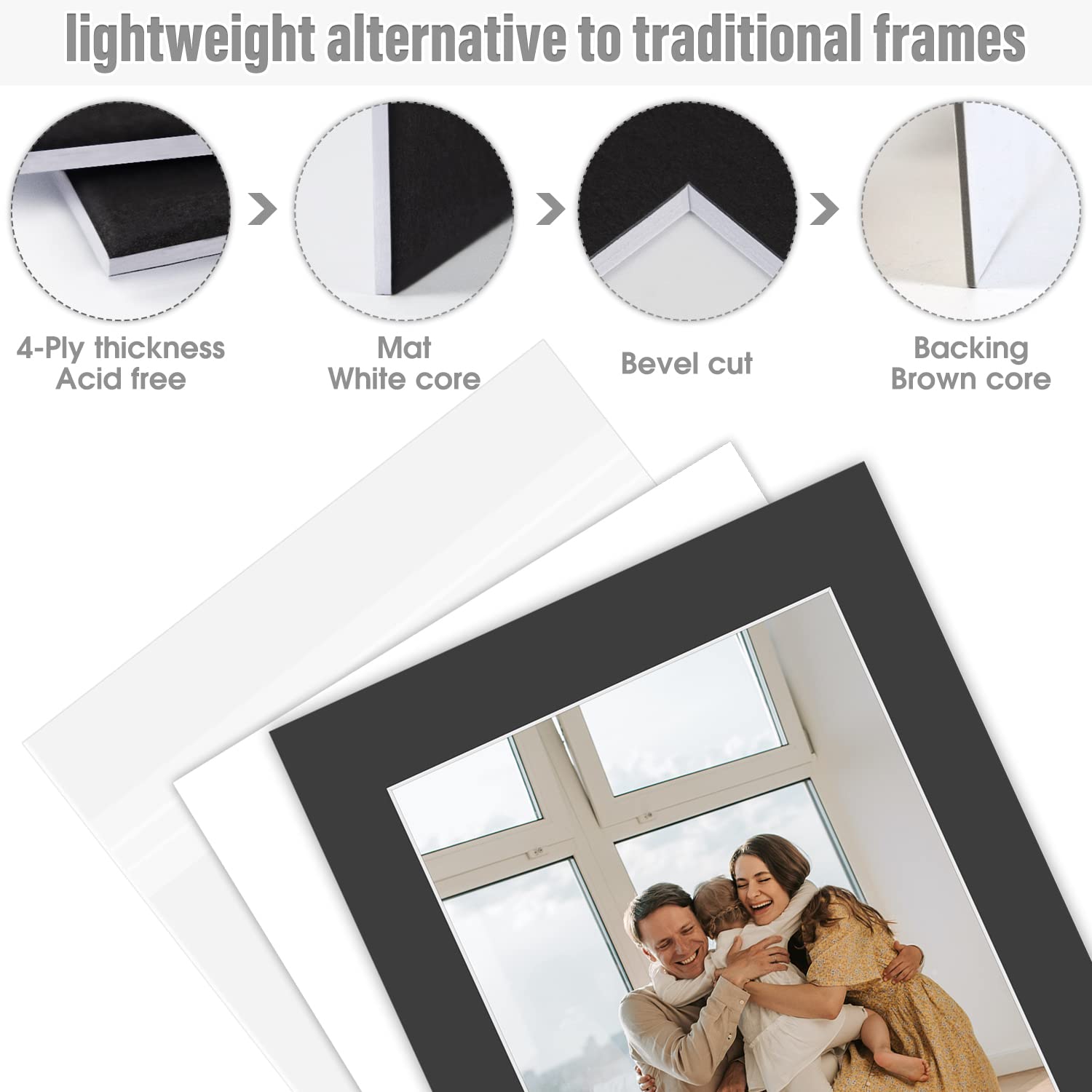 Golden State Art, Complete Pack of 10, Black Pre-Cut 11x14 Photo Mat for 8.5x11 Document with White Core Matte Set. Includes 10 Acid Free Bevel Cut Mattes & 10 Backing Backers Board & 10 Clear Bags