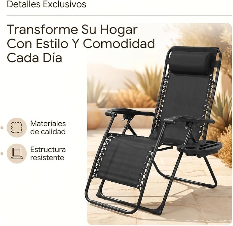 Espreguiçadeira Exterior Dobrável | Apoio para os Pés & Almofada Ajustável | Bandeja lateral de cadeira reclinável para bebidas, telemóvel e livros | para terraço, campismo, praia, piscina (preto) — foto 3 de 6