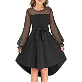 grewley Girls Dresses Puff Long Sleeve Mesh A Line Casual Formal Party Dresses Belted Dress with Pockets 5-14 Years