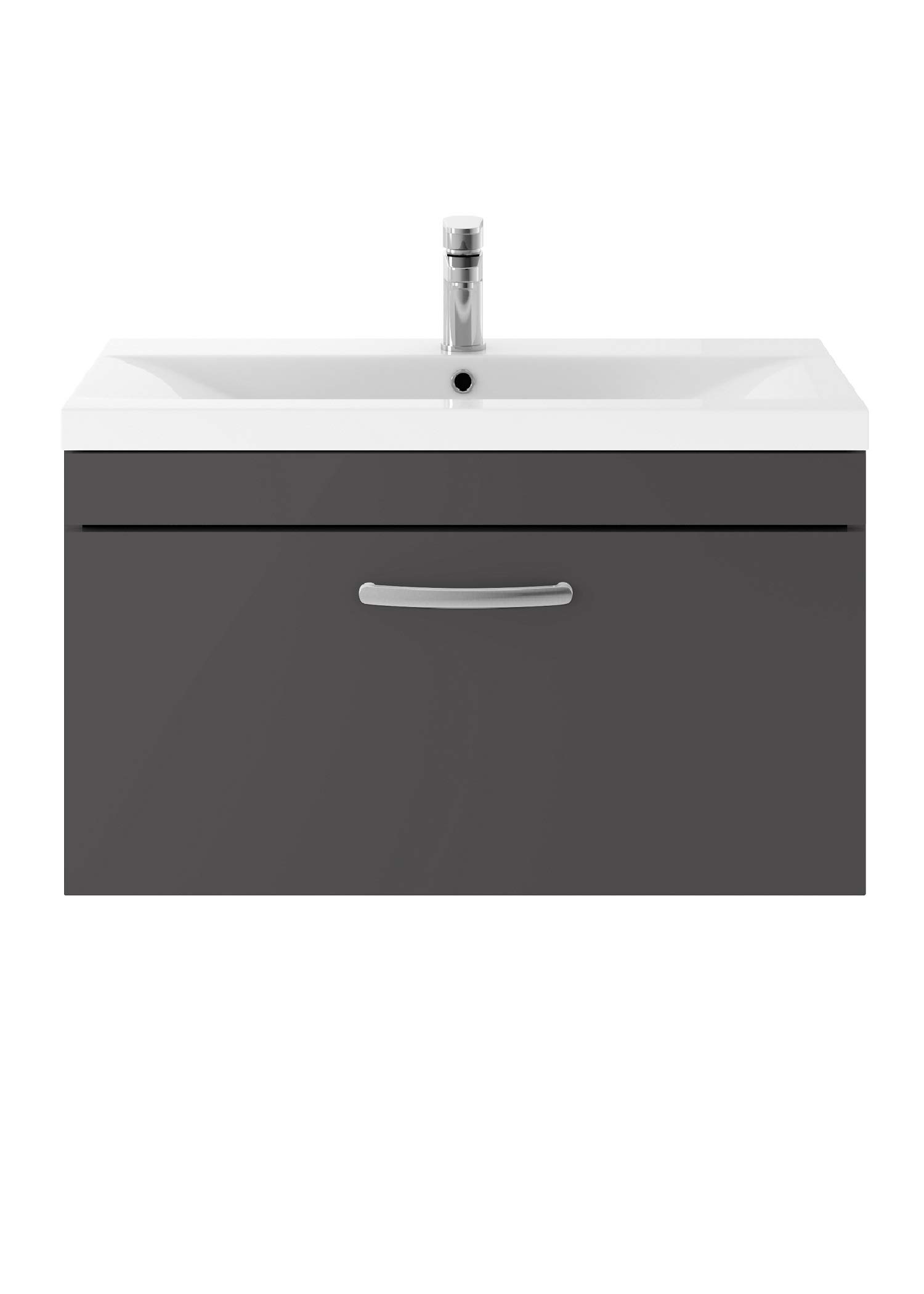 Nuie ATH080A Athena ǀ Modern Bathroom Wall Hung Contemporary Single Soft Close Drawer Vanity Unit with One Tap Hole Mid Edge Deep Ceramic Basin, 800mm, Gloss Grey, Manufactured Wood