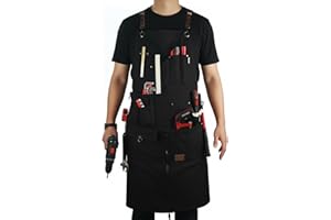 Stenffy Woodworking Apron, Tool Apron, Canvas, Multiple Pockets, Adjustable Zipper, Metal Ring, Tape Measure Clip, Plus Size, Black.