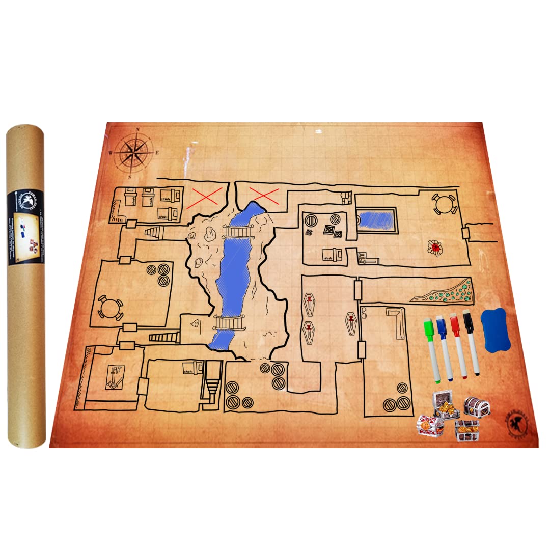 POWER BEAST Dungeon Grid Game Mat + Markers and Eraser + 4 Chests, Table Top Battle Role Playing Map, D&D, Dungeons and Dragons, DND, Dungeon Master.