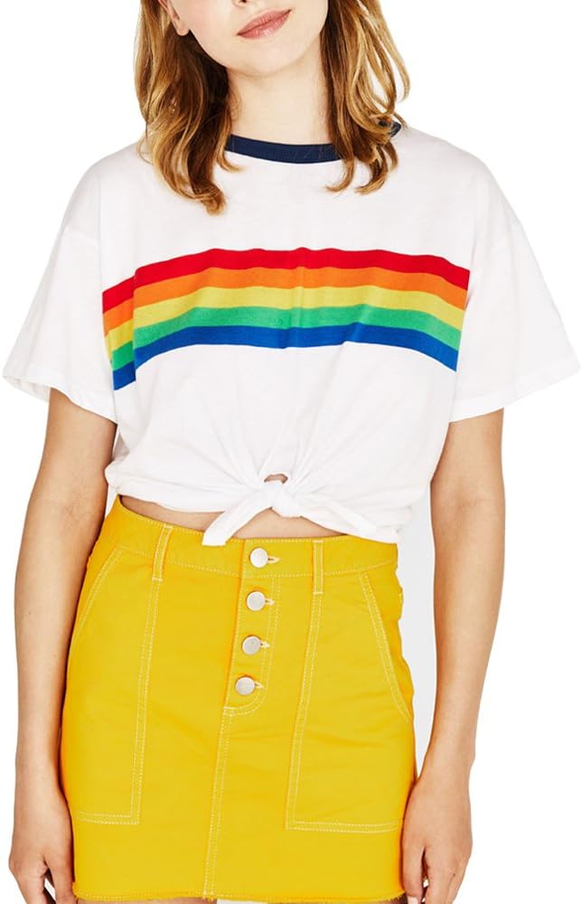 Rainbow Graphic T Shirts Women Summer Aesthetic Cool Sexy Cute Striped White Crop Tops Teen Girls Oversize