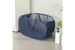 DAWNTREES Pop Up Laundry Hamper Basket,Large Collapsible Mesh Storage Basket with Side Pocket,Applicable to Laundry Room, Bathroom,Dorm,Travel Carrying (Blue Horizontal)