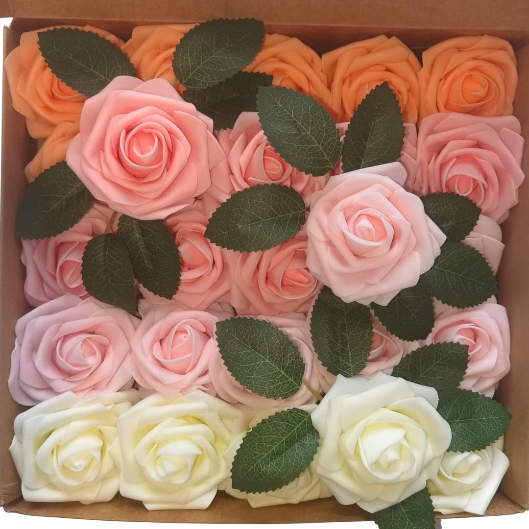 LUSSO LIA 25 pcs Decorative Artificial Flower Foam Roses with Bendable Stems for Wedding Bouquet, Anniversary, Valentine's Day, Table and Home Decoration, DIY, and Arts and Crafts (Peach)