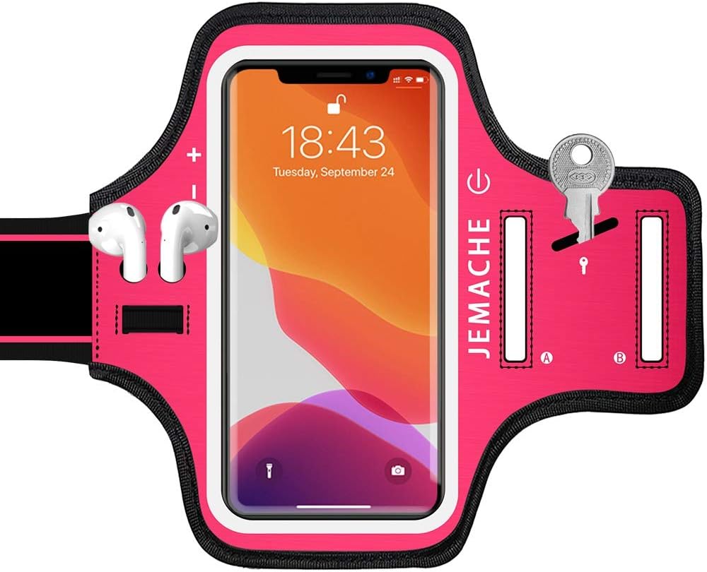 iPhone 11, XR Armband with AirPods Holder, JEMACHE Gym Running Workouts Water Resistant Arm Band Case for iPhone 11, XR (Rosy)