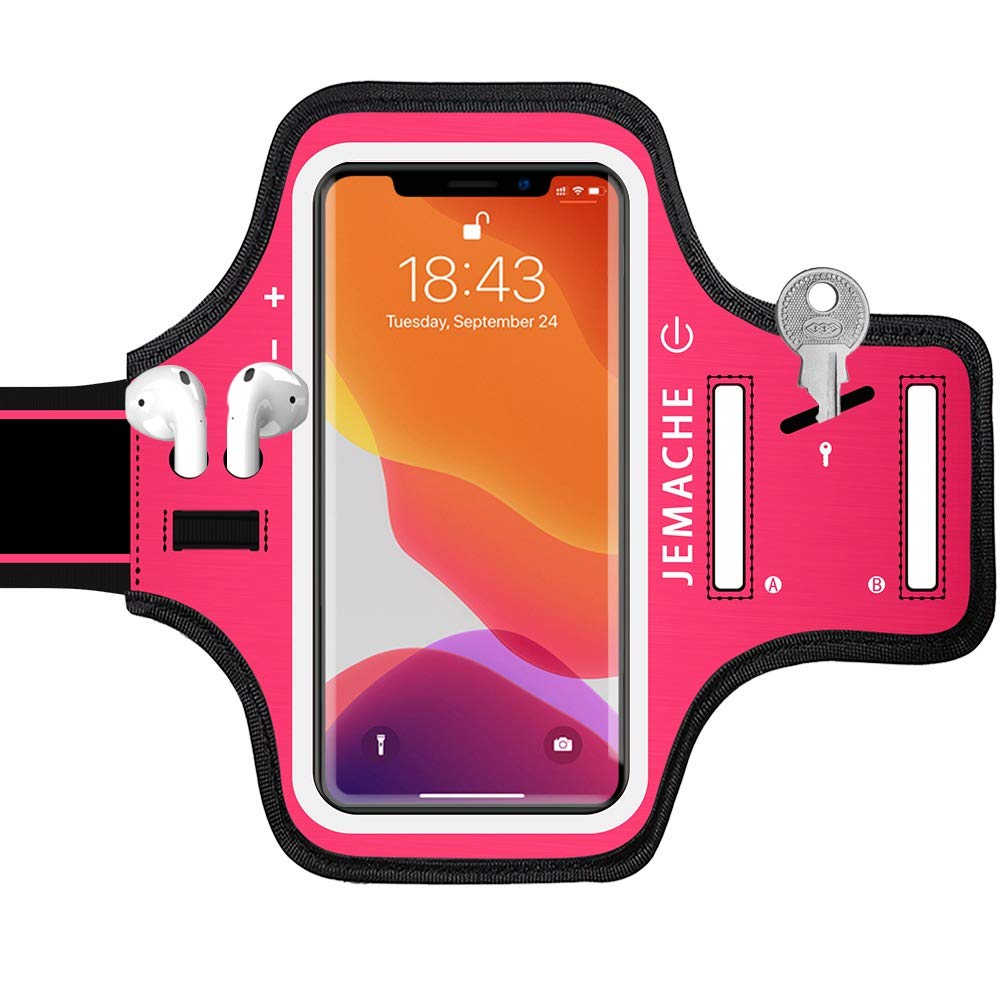 iPhone 17 16 15 Armband with Earphone Holder, JEMACHE Water Resistant Gym Running Workouts Arm Band for iPhone 17 16 15 14 13 12 Pro (Rosy)