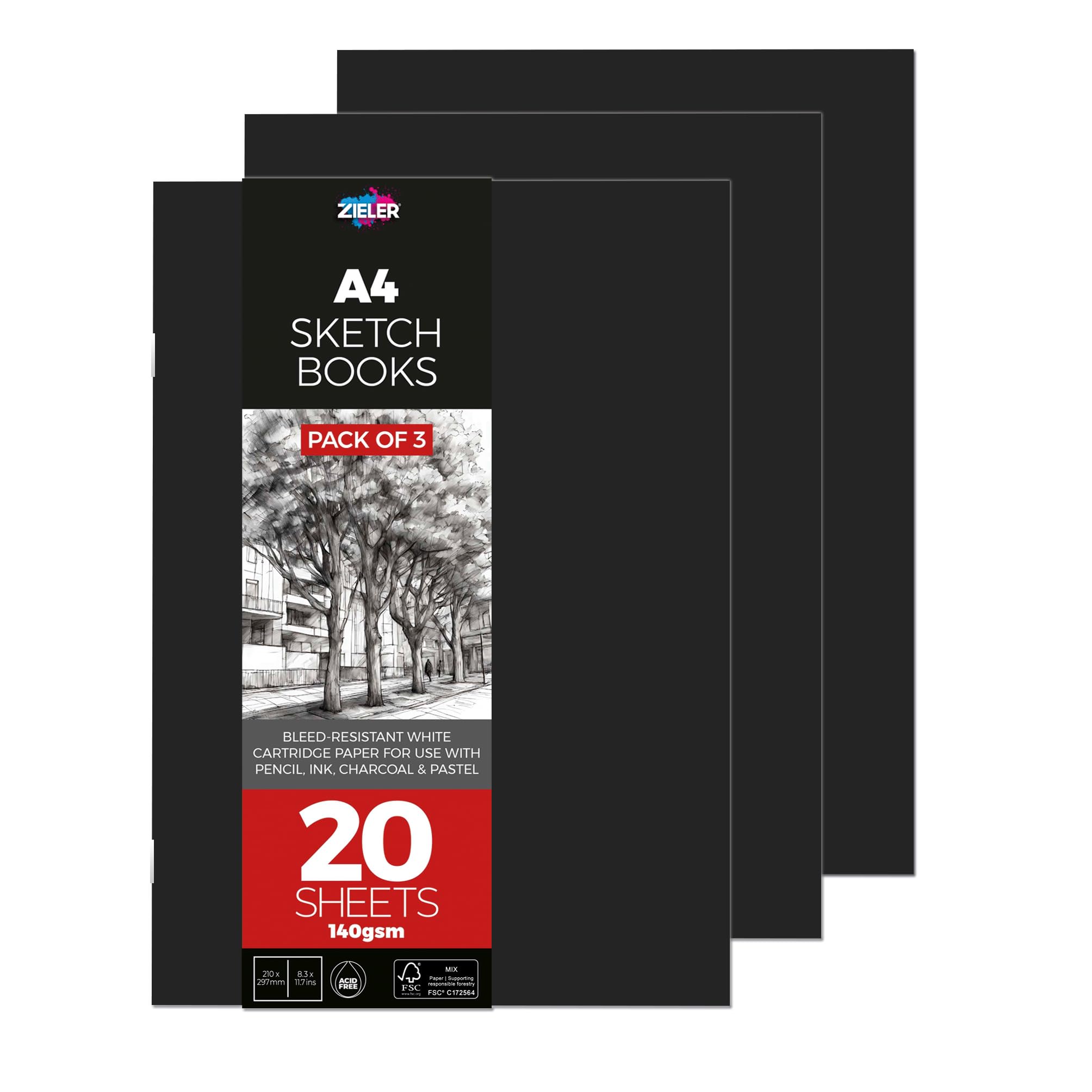 3 x A4 Soft-Cover Sketchbooks by Zieler® - 140gsm | 20 Sheets | Soft-White Sheets for use with Pencil, Ink, Charcoal & Pastel