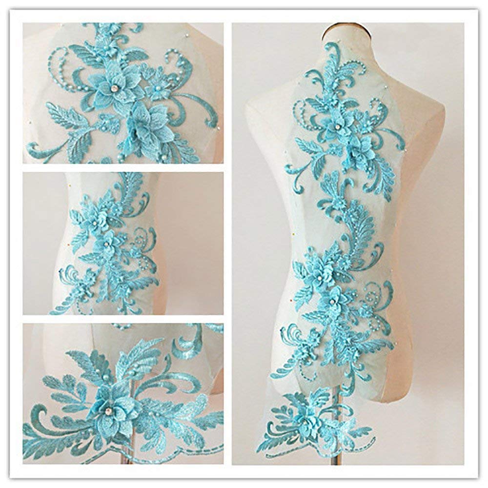 3d Lace Appliqué Flower Patch Great for DIY Decorated Craft Sewing Costume Evening Bridal Top 3 in 1 20cm*72cm A1 (Aqua Blue)